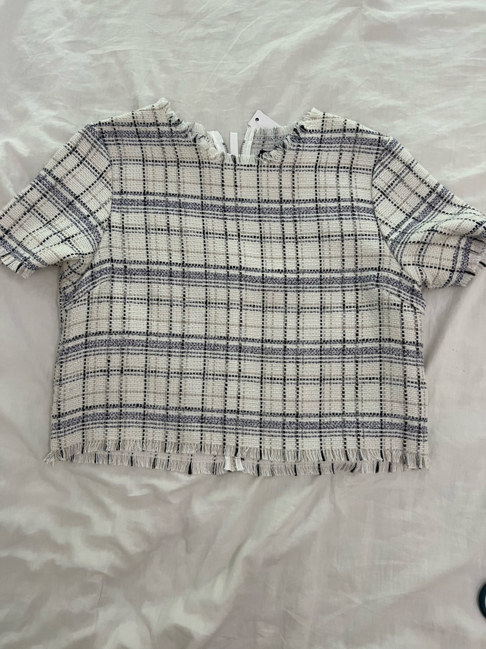 Central Park West White and Navy Plaid Tweed Blouse
